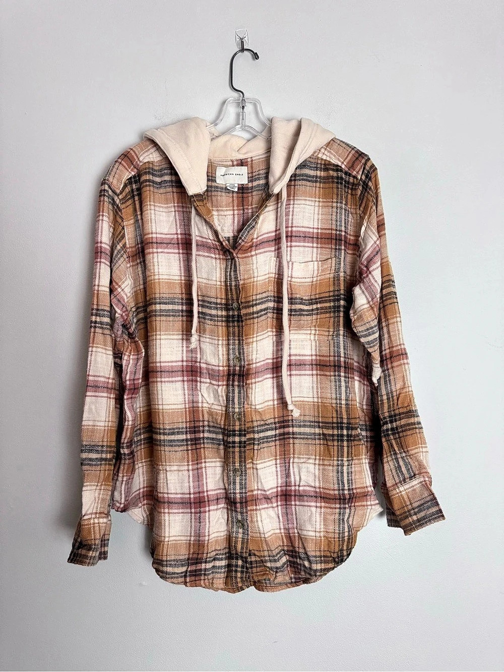 American Eagle Plaid Hooded Shirt Orange, brown, cream Size M